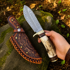 Cuchillo de acero de Damasco forjado a mano: mango de cuerno, funda de cuero, regalo para él, regalos para hombres, regalos de boda - Product Image 3