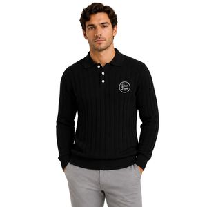 Pull polo en maille côtelée noire à manches longues, col boutonné, décontracté, doux et chaud pour l'hiver, personnalisable avec logo, vêtement de mode premium pour homme - Product Image 1