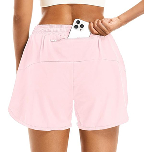 Shorts de sport rose clair pour femmes, design 2 en 1 superposé, en polyester, avec poche pour téléphone, respirants, pour l'entraînement - Product Image 2