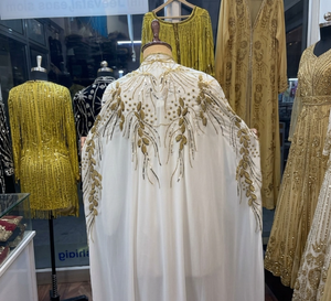 White Bridal Turkish Kaftan Detachable Cape | Hand-Embellished Gold <b>Beaded</b> Wedding Gown | Premium Heavy Embroidery Anti-static - Product Image 3