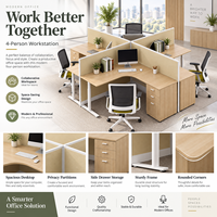 Poste de travail de bureau moderne pour 4 personnes avec cloison de séparation croisée, table en L pour le personnel et meuble de rangement