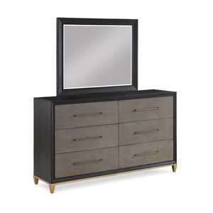 Commode contemporaine en bois à six tiroirs, finition bois foncé, quincaillerie dorée brossée, pieds effilés - Product Image 4