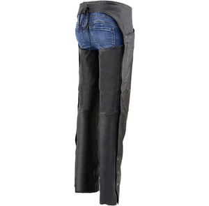 Women's Black Premium Leather Motorcycle Rider Chaps Samroz All Seasons In-Stock Customizable 220g W/Deep Hip Pockets Back <b>Thigh</b> - Product Image 3