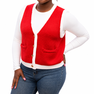Chaleco de Punto Rojo para Mujer con Bolsillos, Botones en la Parte Delantera, Cuello en V, Suéter Informal de Manga Larga - Product Image 2