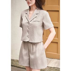 Conjunto de 2 Piezas para Mujer, Color Beige, Estilo Casual, Chaleco Corto Entallado, Manga Corta, Botones, Poliéster, Spandex, Antiestático, ZELDA - Product Image 3