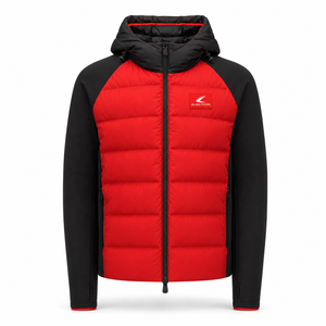 Blouson matelassé à capuche pour homme, rouge et bleu marine, avec blocs de couleur, isolation synthétique, fermeture éclair, imperméable 10 000 mm, anti-UV - Product Image 4