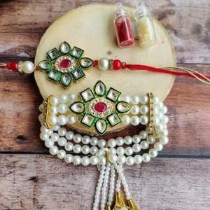Exquisite Handcrafted Kundan Bhaiya Bhabhi Rakhi <b>Set</b> with Elegant Pearl Meenakari Detailing for Rakshabandhan - Product Image 1