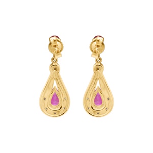 Pendientes de Oro Amarillo de 14k al por Mayor con Rubí Natural en Forma de Pera y Halo de Diamantes, Joyas Memoria - Product Image 5