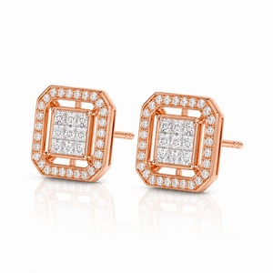Pendientes de Diamantes con Corte Princesa en Oro Rosa, Diseño Geométrico de Halo, Joyería de Lujo para Uso Diario de Mujer - Product Image 1