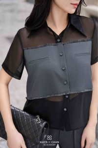 Regular Women's Two Piece Short-Sleeve Shirt Flared Pants Set VANTA Office Lady Spandex / Polyester Full Length <b>Patchwork</b> - Product Image 6