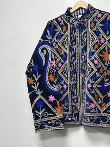 Vintage Navy Blue <b>Velvet</b> Suzani Embroidered <b>Jacket</b> with Floral Pattern Full Sleeve Stand Collar Bohemian <b>Women's</b> Autumn Coat - Product Image 4