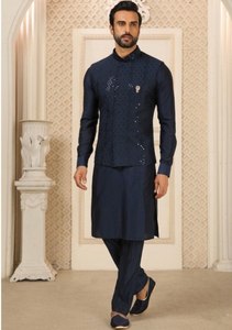 Blue <b>Sequin</b> Nehru <b>Jacket</b> Men Outerwear Set ROMAN Silk Kurta Pant Formal Wear Wedding Party - Product Image 1