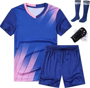 Ensemble de maillots de football unisexes personnalisés OEM, bleu rose, manches courtes, tissu respirant en polyester, shorts à taille élastique - Product Image 1