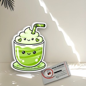 Autocollant mignon pour boisson au matcha avec visage Kawaii et paille rayée verte, forme ronde, en vinyle, pour boîte à cils et outils de beauté - Product Image 5
