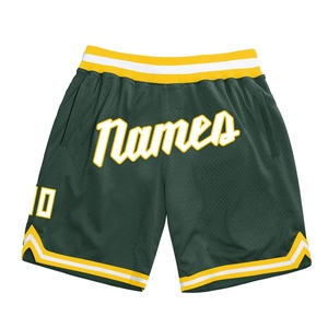 Pantalones Cortos de Baloncesto Retro Personalizados Ecológicos en Verde Cazador, Blanco y Dorado - Product Image 1