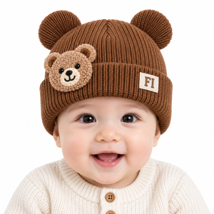 Gorro de Invierno para Bebé de Alta Calidad, Suave, con Orejas de Oso, Tejido de Punto Acanalado, Cálido, para Niños Pequeños, con Parches Personalizados, Proveedor B2B al por Mayor en EE. UU. - Product Image 1