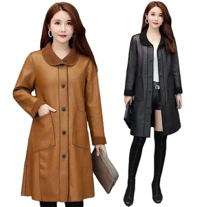 Women's Long Real Leather Trench <b>Coat</b> Stand Collar Zipper Closure <b>Thick</b> Warm <b>Winter</b> Outerwear Solid Color Casual Style Windproof - Product Image 1