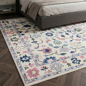 Elegante Alfombra de Lana con Diseño Floral, Hecha a Mano, con Motivos Botánicos en Rosa y Azul, Decorativa para Sala de Estar o Dormitorio - Product Image 2