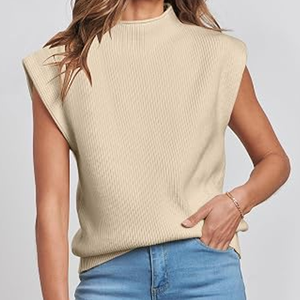 Gilet sans manches en maille côtelée crème pour femme, col roulé, style minimaliste, automne, 100 % acrylique, coupe classique - Product Image 6