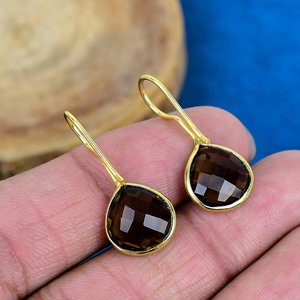 Handmade Smokey Quartz Heart Shape Gemstone Hook Earrings 18k Micron Gold Over 925 <b>Sterling</b> <b>Silver</b> - Product Image 4