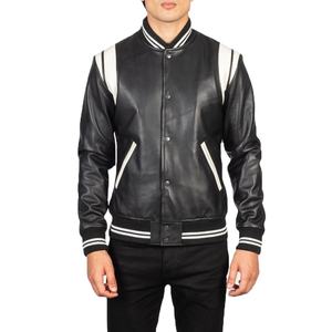 Veste en cuir légère en peau de mouton noire et blanche avec fermeture à boutons pression et poignets en tricot côtelé pour homme ou femme - Product Image 1
