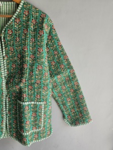 <b>Quilted</b> Floral <b>Jacket</b> Women's Cotton V-Neck Three Quarter Sleeve Spring Coat With Button Closure Green <b>Patterned</b> Design gift - Product Image 5