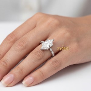 Anillo de compromiso y boda clásico con diamantes marquesa y detalles laterales, diamante cultivado en laboratorio, oro macizo de 14K, moderno para mujer - Product Image 5