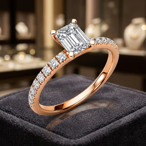 Luxury IGI Certified Lab Grown <b>Emerald</b> Cut Diamond Solitaire Engagement <b>Ring</b> with Pave Band in 10K 14K 18K Gold 925 935 <b>Silver</b> - Product Image 1