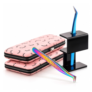 Precision Stainless Steel Eyelash Tweezers <b>Set</b> with <b>Pink</b> Case and Black Stand for Lash Extensions Beauty <b>Tool</b> - Product Image 3