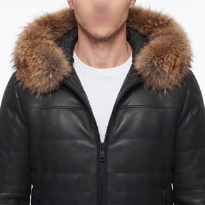 <b>Men's</b> Black PU Puffer Jacket With <b>Fur</b> <b>Hood</b> Windproof Winter <b>Coat</b> Casual Quilted Down Filled Regular Fit Zipper Closure - Product Image 6