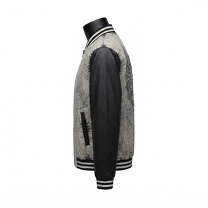 Blouson universitaire vintage abordable pour homme, délavé à l'acide, avec manches en cuir personnalisées, motif oiseau en strass, style bomber Letterman, streetwear - Product Image 4