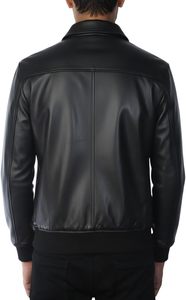 Chaqueta de Cuero Vacuno Negra para Hombre, Estilo Bomber, Cuello Camisero, Cierre de Cremallera, Estilo Motero, Corte Regular, para Otoño - Product Image 3