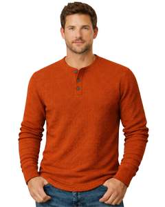 Camiseta térmica de manga larga para hombre, estilo waffle, color naranja quemado, informal, con cuello de botones, para invierno, de algodón, corte ajustado, tela transpirable - Product Image 1
