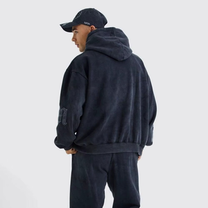 Survêtement à capuche bleu foncé pour homme, manches longues, broderie de lettres, streetwear, coupe ample, coton, vêtements d'automne - Product Image 3