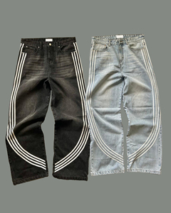 Jean vintage personnalisé pour homme, style hip-hop, délavé, coupe droite ample, jambe large, en denim, pour l'été, décontracté - Product Image 1