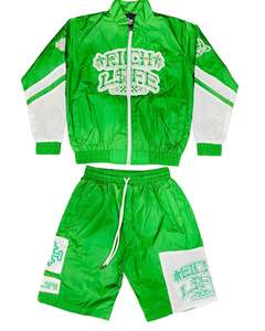 Conjunto de pantalones cortos personalizados para hombre, chaqueta cortavientos reflectante con cremallera, conjunto con logotipo bordado, chándal de nailon impermeable con bloques de color para mujer - Product Image 5