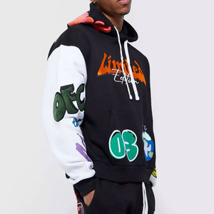 Men's Black Hooded Tracksuit <b>Set</b> With Colorful Graphic Print Full Length Loose Fit Cotton Sweatshirt And Pants Streetwear - Product Image 3