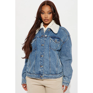 Veste en jean pour femme avec col en fausse fourrure, fermeture boutonnée, style décontracté d'automne, manches longues, couleur unie, longueur standard - Product Image 6