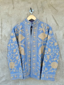 Blue Hand Embroidered Floral <b>Velvet</b> Breathable Eco-Friendly Winter Full Sleeve O' Neck Collar Women's Jacket Cotton Material - Product Image 6
