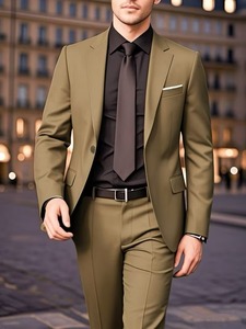 Traje de 2 Piezas Verde Oliva para Hombre, Corte Entallado, Formal, para Negocios, Bodas, Novios, Cierre de un Botón, Solapa con Muescas - Product Image 1