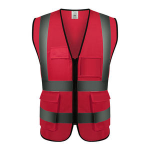 Gilet de sécurité haute visibilité fluorescent réfléchissant rouge avec poches et fermeture éclair, unisexe, vêtements de travail, construction, imperméable, service OEM - Product Image 3