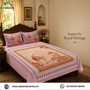 Pink Cotton King Size Bedsheet <b>Set</b> | 3 Piece Royal Elephant Mughal Panel Print <b>Bedspread</b> with Pillow Covers Soft Luxury Bedding - Product Image 2