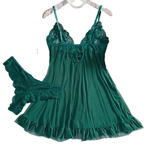 Robe de nuit sexy grande taille pour femmes avec sous-vêtements à volants en dentelle chemises de nuit et culottes profondes ensemble de pyjama pour le sommeil - Product Image 1