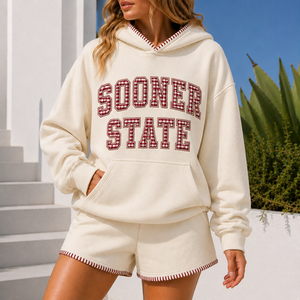 High Quality Oversized Pullover Hoodie and Sweat Shorts Set <b>Blanket</b> <b>Stitch</b> Heavyweight Women Youth Club Wear Hoodie Sets - Product Image 3