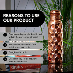 <b>Custom</b> Pure Copper <b>Water</b> <b>Bottle</b> Honeycomb Hexagon Hammered Pattern Metal Flask Ring Handle Lid Bulk - Product Image 6