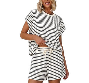Women 2 Piece Shorts Set O Neck Short Sleeve Loose Fit Cotton Casual Summer Outfit Breathable Knitted Top and Shorts - Product Image 5