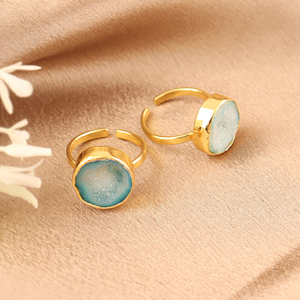 Natural Aqua Druzy Agate Raw Gemstone Bezel Setting Japanese <b>Adjustable</b> <b>Rings</b> 18k Gold Plated Brass Unique New Fashion Women - Product Image 4