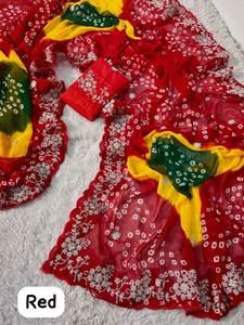 Elegante Saree de Georgette Estampado con Exquisito Bordado y Blusa de Seda Mono de Diseñador con Bordado Intenso - Product Image 3