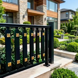 Rampe de balcon moderne en métal noir avec accents floraux dorés, design à barres verticales pour terrasses extérieures, escaliers et extérieurs de maisons - Product Image 6