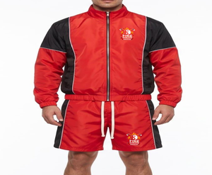 ชุดวอร์มกีฬาสองชิ้นสีแดงดำสำหรับผู้ชาย ยี่ห้อ Fire Athlete Industry สไตล์สปอร์ต แห้งเร็ว เหมาะสำหรับใส่ในฤดูร้อน เสื้อแจ็คเก็ตซิปเต็มตัว กางเกงขาสั้น - Product Image 2
